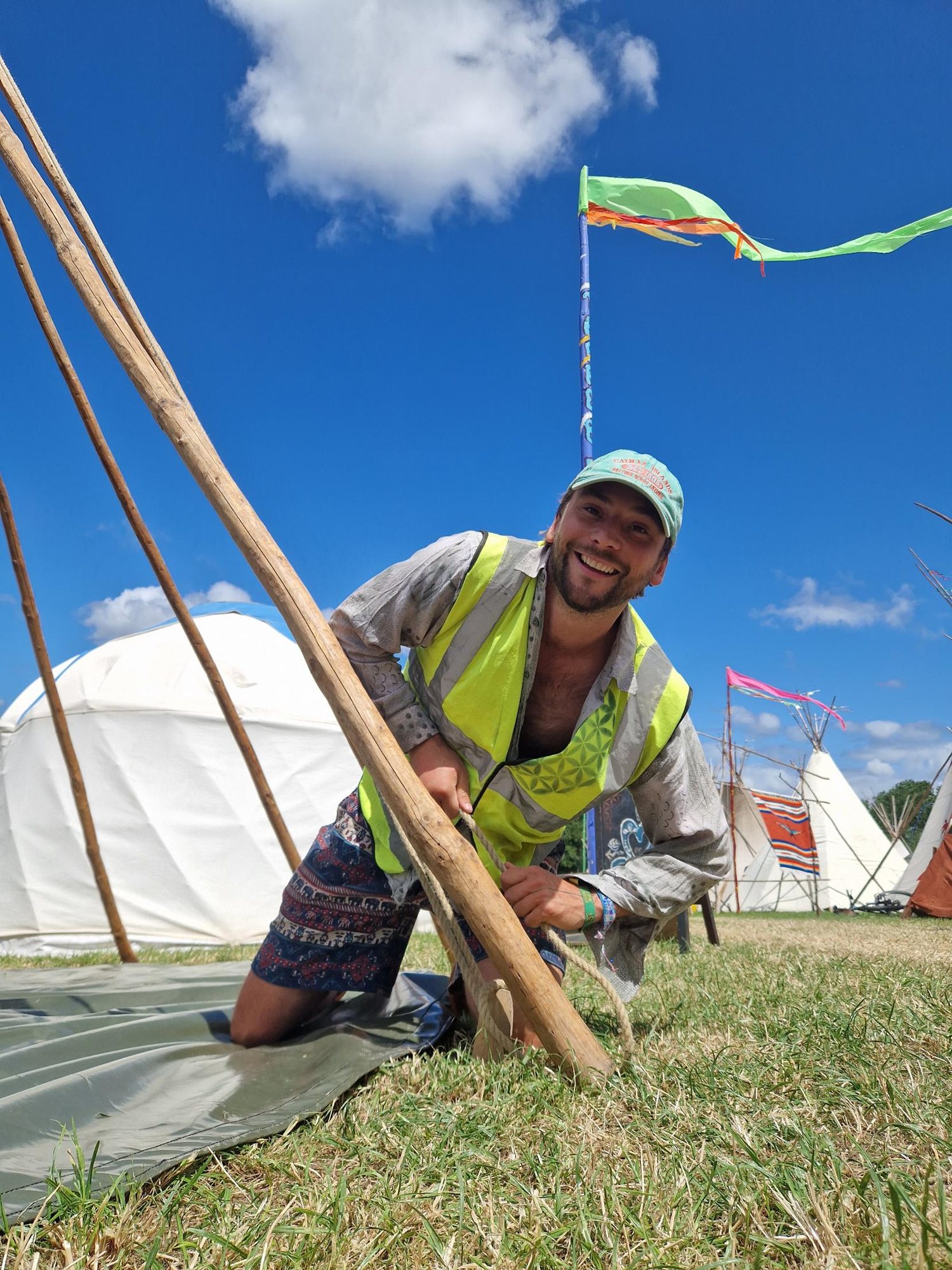 Chance tying off a tipi pole