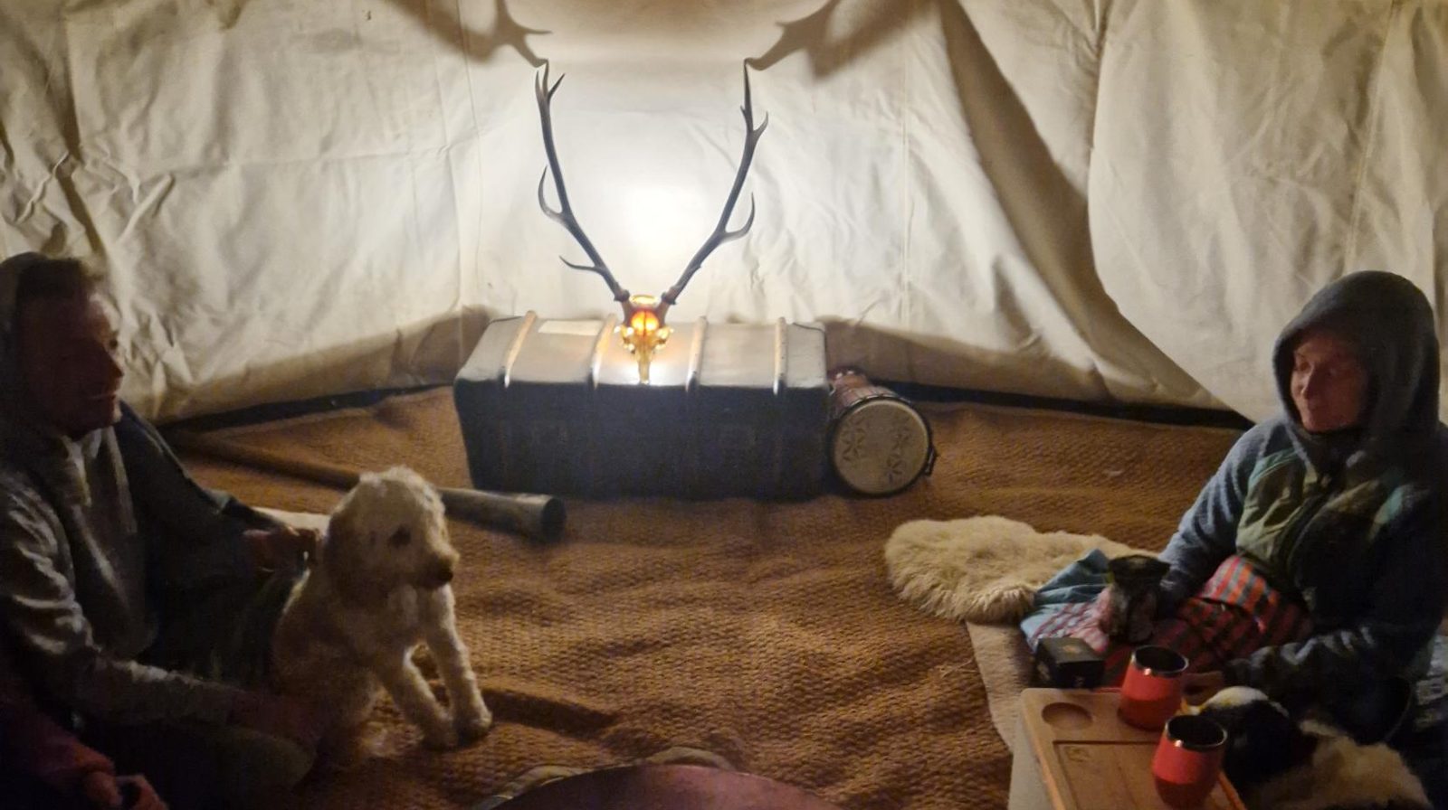 Inside the tipi at night, antlers lit on the trunk